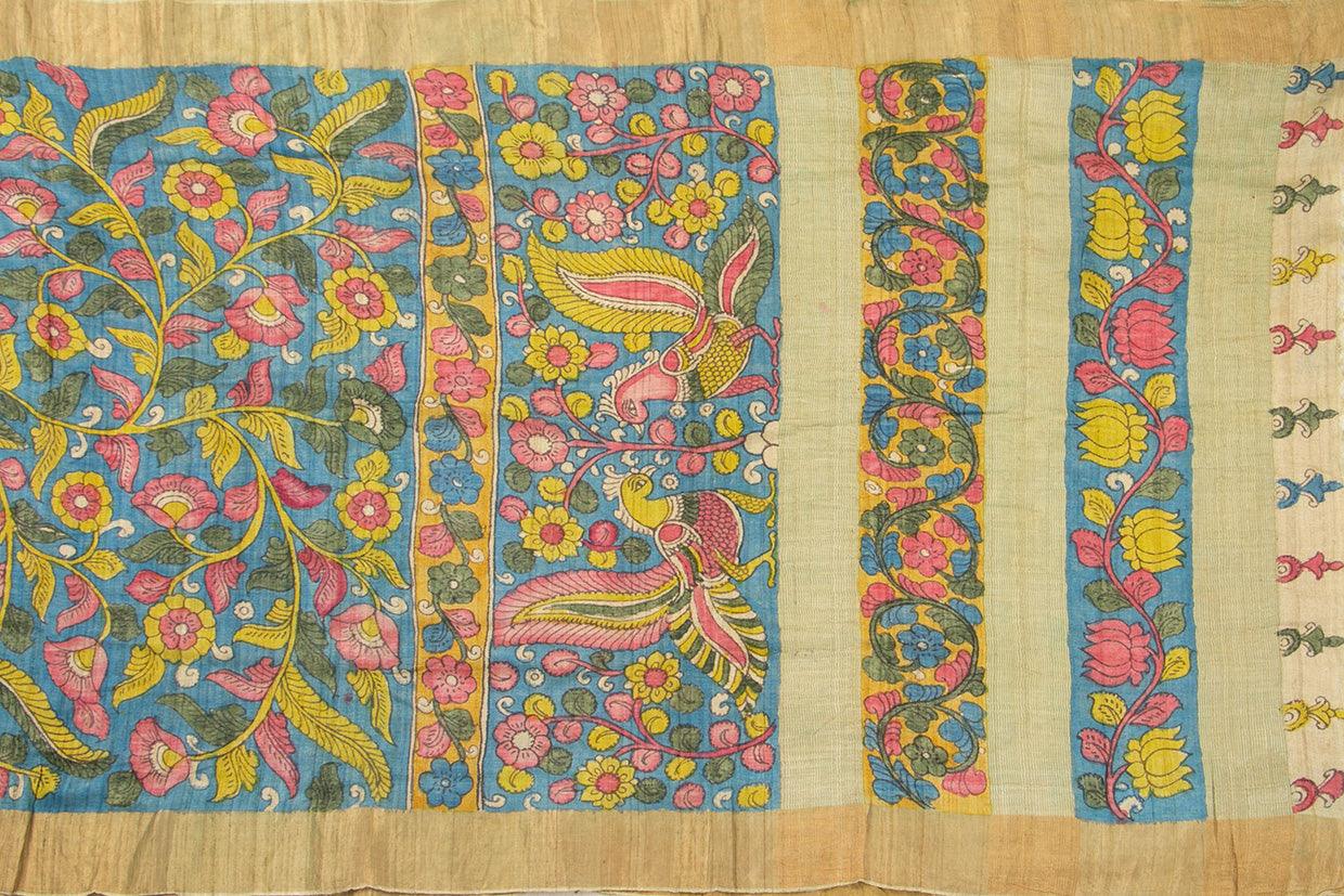 Blue And Mustard Kalamkari Tussar Silk Saree Handpainted Floral Patterns Organic Vegetable Dyes PKM 566 - Tussar Silk - Panjavarnam PKM 566