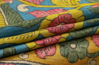 Blue And Mustard Kalamkari Tussar Silk Saree Handpainted Floral Patterns Organic Vegetable Dyes PKM 566 - Tussar Silk - Panjavarnam PKM 566