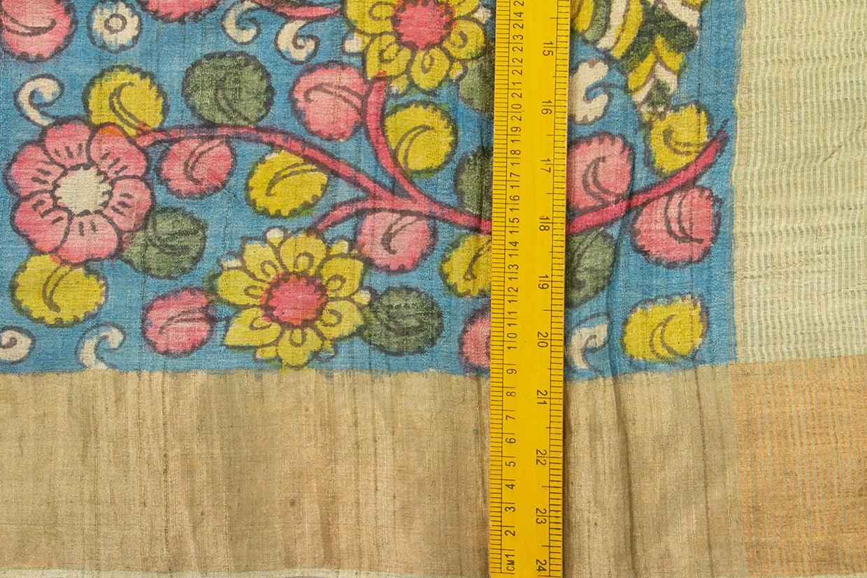 Blue And Mustard Kalamkari Tussar Silk Saree Handpainted Floral Patterns Organic Vegetable Dyes PKM 566 - Tussar Silk - Panjavarnam PKM 566