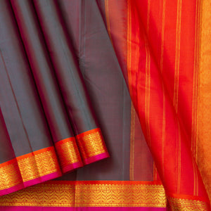 Blue And Orange Kanjivaram Silk Saree With Small Border Handwoven Pure Silk For Festive Wear PV J 2960 - Silk Sari - Panjavarnam PV J 2960