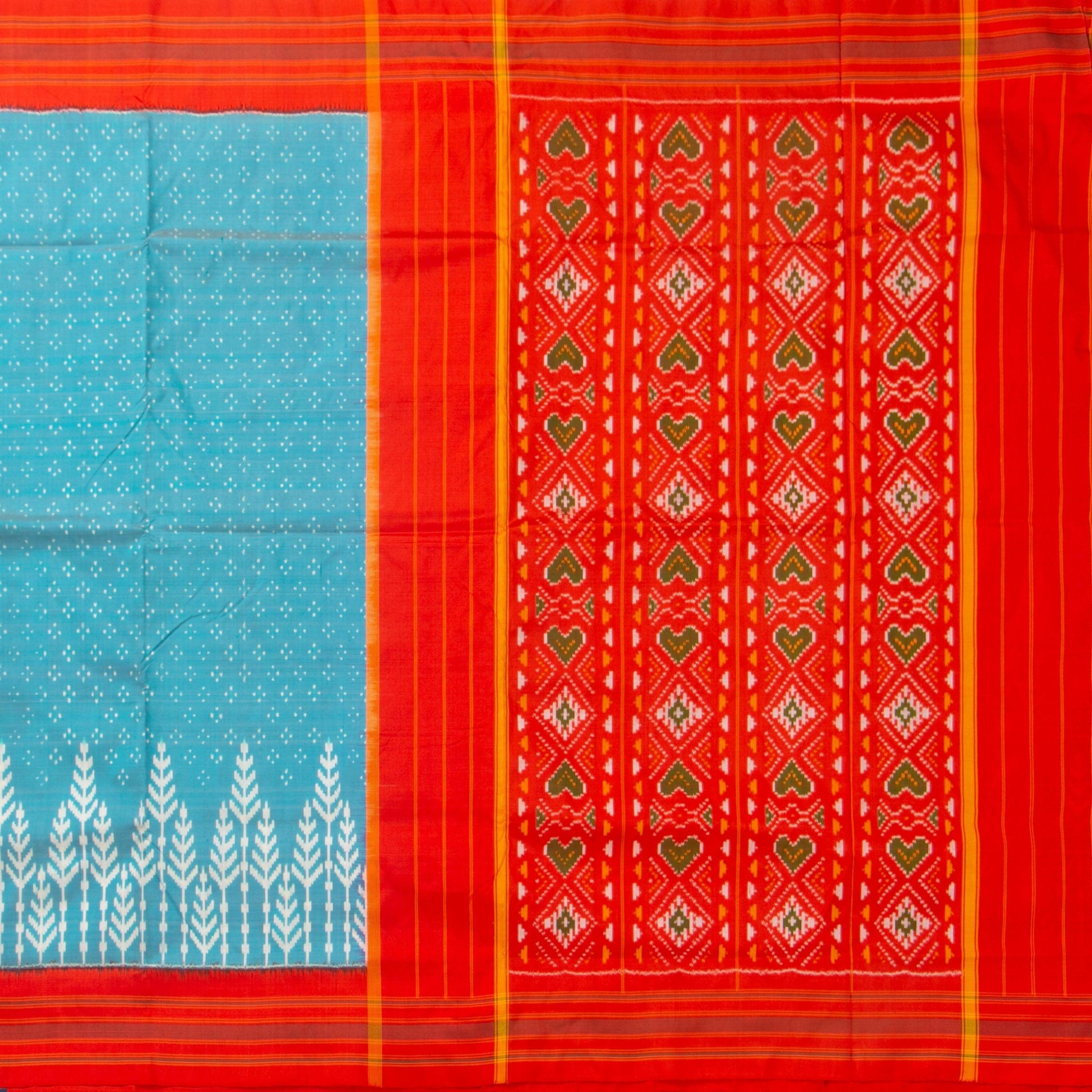 Blue And Orange Pochampally Silk Saree With Red Border Ikkat Handwoven Pure Silk For Office Wear PIK SIV 101 - Pochampally Silk - Panjavarnam PIK SIV 101