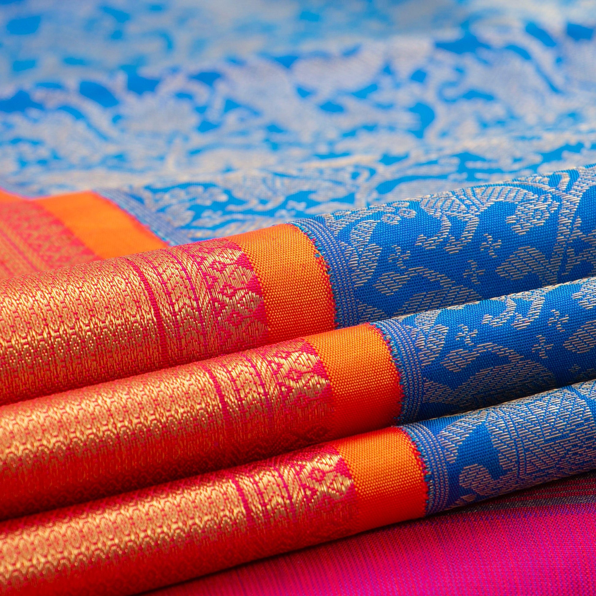 Blue And Orange Vanasingaram Kanchipuram Silk Saree For Wedding Wear PV NYC 1376 - Silk Sari - Panjavarnam PV NYC 1376