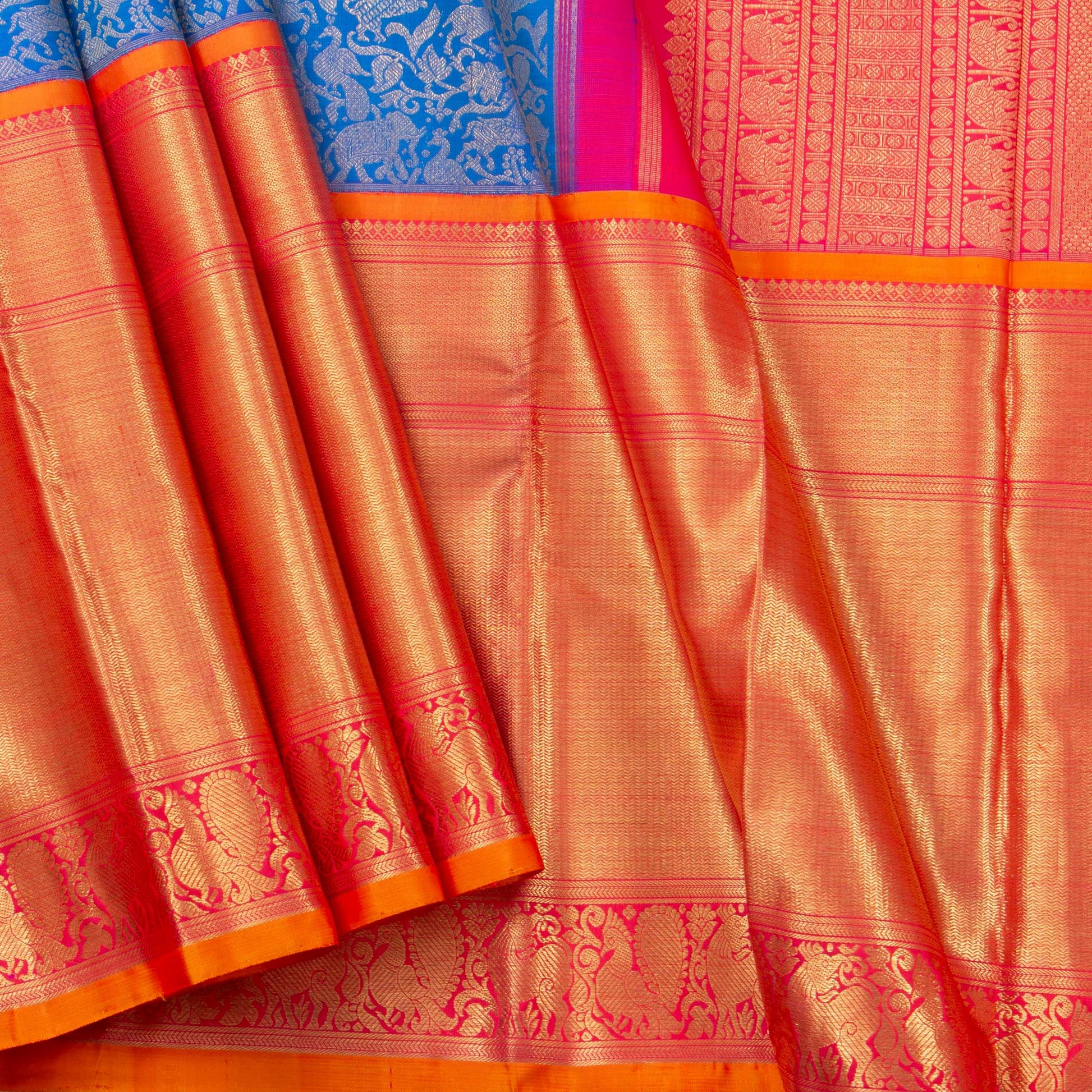 Blue And Orange Vanasingaram Kanchipuram Silk Saree For Wedding Wear PV NYC 1376 - Silk Sari - Panjavarnam PV NYC 1376