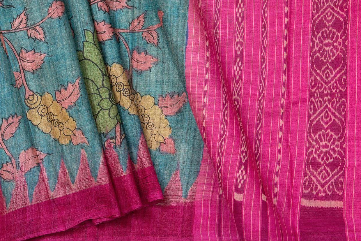 Blue And Pink Kalamkari Gicha Tussar Silk Saree Handpainted Floral Patterns Organic Vegetable Dyes PT K VSR 122 - Kalamkari Silk - Panjavarnam PT K VSR 122