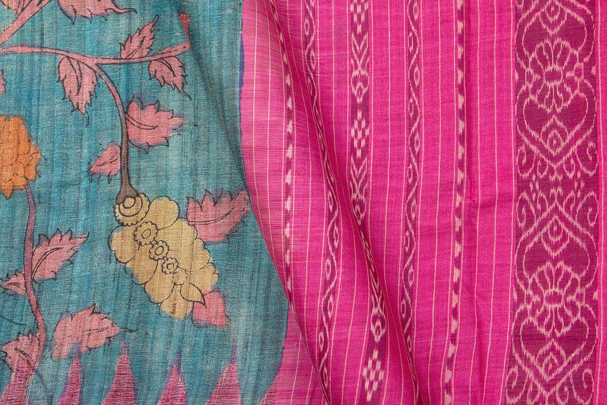 Blue And Pink Kalamkari Gicha Tussar Silk Saree Handpainted Floral Patterns Organic Vegetable Dyes PT K VSR 122 - Kalamkari Silk - Panjavarnam PT K VSR 122