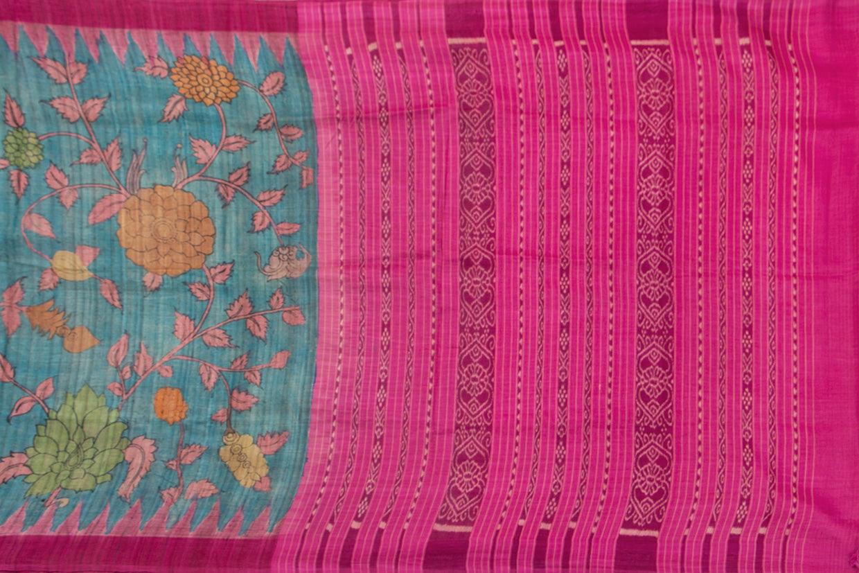 Blue And Pink Kalamkari Gicha Tussar Silk Saree Handpainted Floral Patterns Organic Vegetable Dyes PT K VSR 122 - Kalamkari Silk - Panjavarnam PT K VSR 122