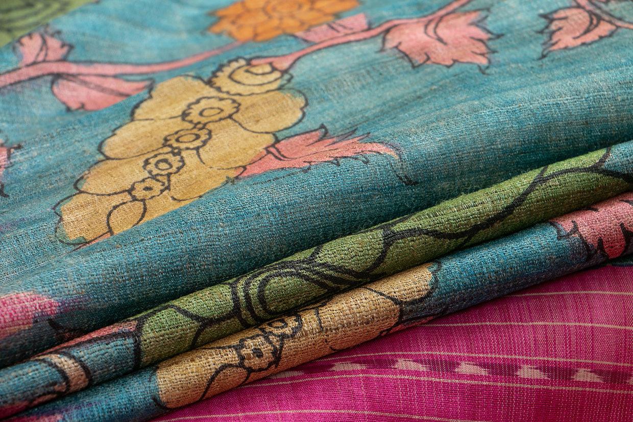 Blue And Pink Kalamkari Gicha Tussar Silk Saree Handpainted Floral Patterns Organic Vegetable Dyes PT K VSR 122 - Kalamkari Silk - Panjavarnam PT K VSR 122