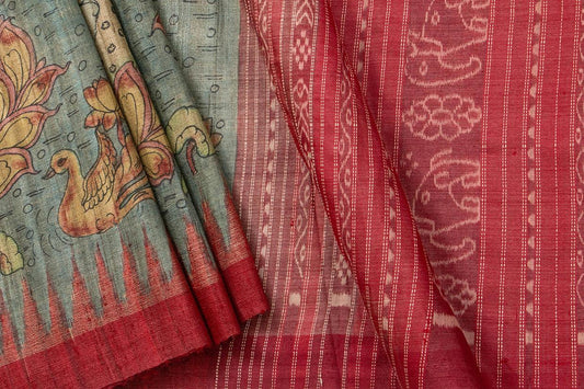 Blue And Pink Kalamkari Gicha Tussar Silk Saree Handpainted Krishna Leela Patterns Organic Vegetable Dyes PT K VSR 121 - Kalamkari Silk - Panjavarnam