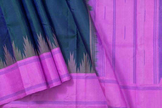 Blue And Pink Temple Border Kanchipuram Silk Saree Light Weight For Festive Wear PV KNN 240 - Silk Sari - Panjavarnam