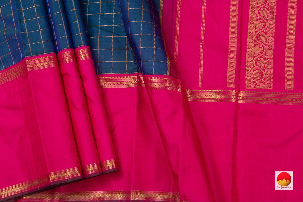 Blue And Pink Zari Checks Kanchipuram Silk Saree Handwoven Pure Silk Pure Zari For Wedding Wear PV NYC 594 - Silk Sari - Panjavarnam PV NYC 594