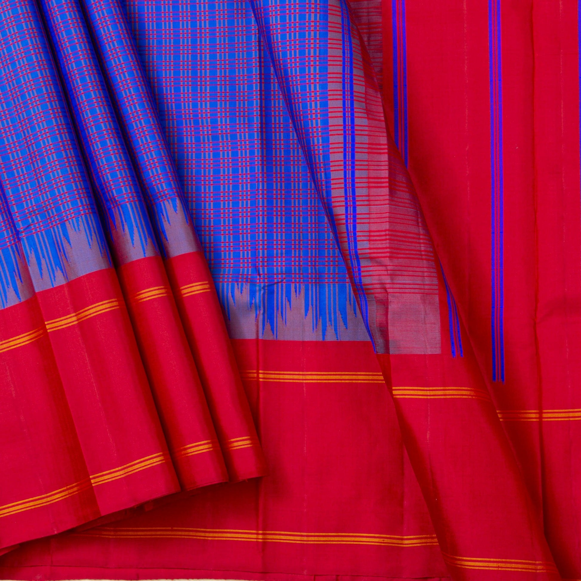 Blue And Red Checks Non Zari Kanchipuram Silk Saree For Office Wear PV RM NZ 479 - Silk Sari - Panjavarnam PV RM NZ 479