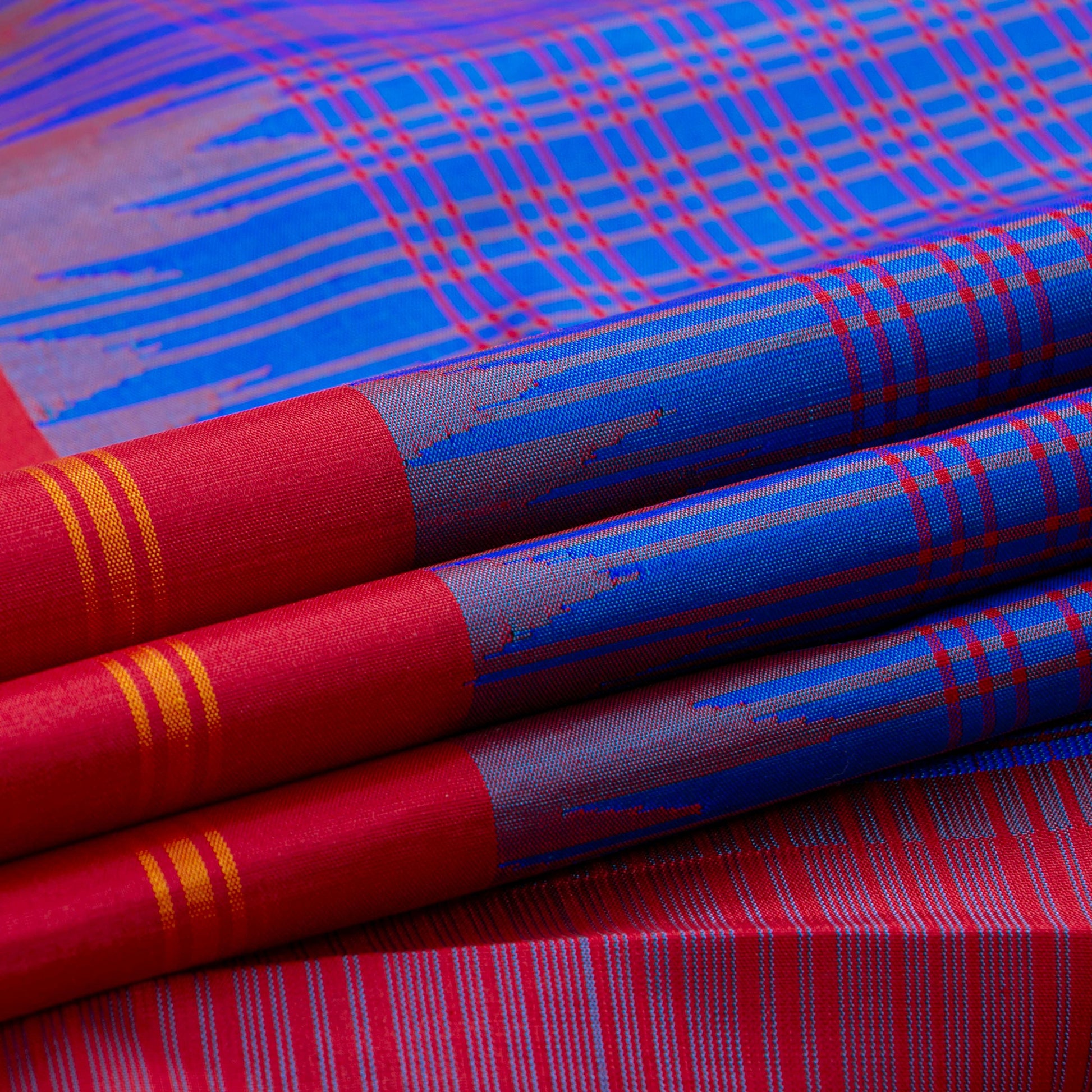 Blue And Red Checks Non Zari Kanchipuram Silk Saree For Office Wear PV RM NZ 479 - Silk Sari - Panjavarnam PV RM NZ 479