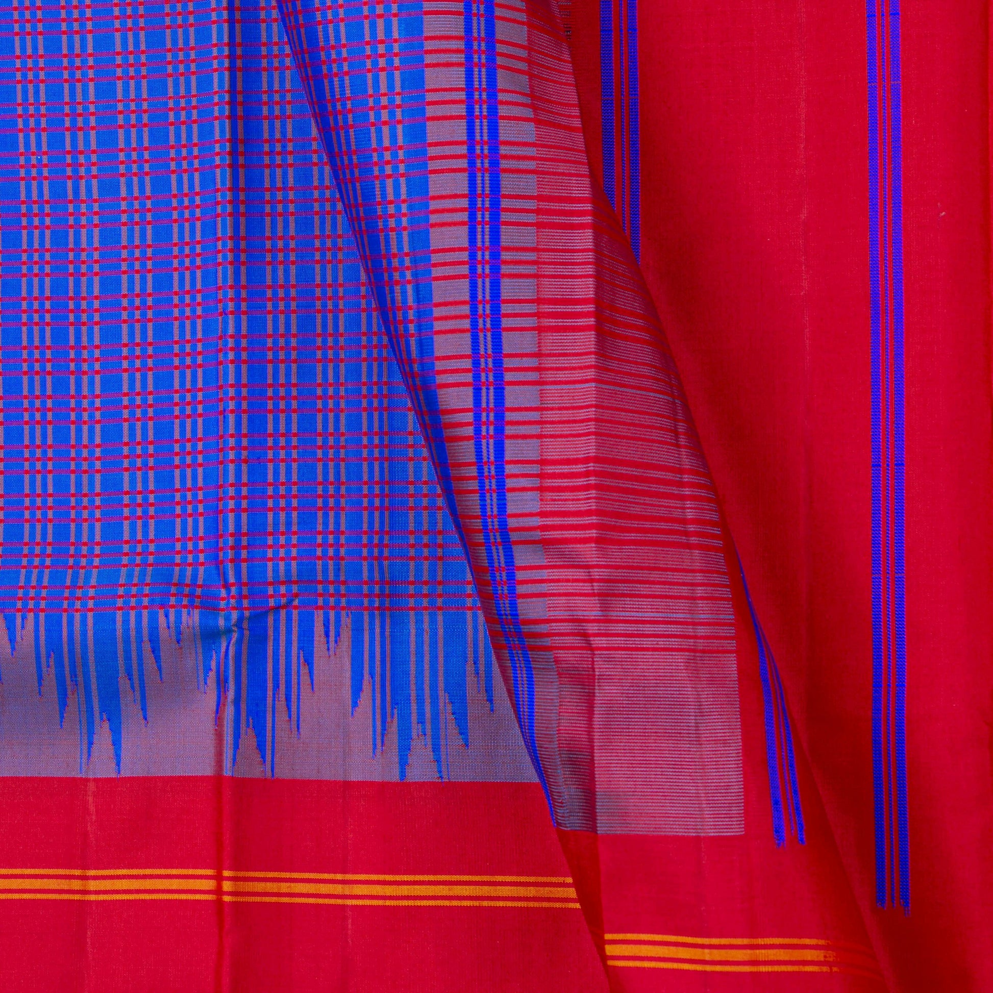 Blue And Red Checks Non Zari Kanchipuram Silk Saree For Office Wear PV RM NZ 479 - Silk Sari - Panjavarnam PV RM NZ 479