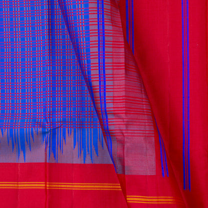 Blue And Red Checks Non Zari Kanchipuram Silk Saree For Office Wear PV RM NZ 479 - Silk Sari - Panjavarnam PV RM NZ 479
