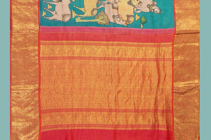 Blue And Red Handpainted Kalamkari Kanchipuram Silk Saree Krishna Leela Theme Pure Zari PV VSR KK 104 - Kalamkari Silk - Panjavarnam
