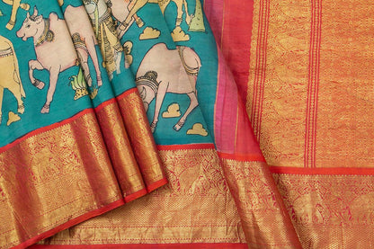 Blue And Red Handpainted Kalamkari Kanchipuram Silk Saree Krishna Leela Theme Pure Zari PV VSR KK 104 - Kalamkari Silk - Panjavarnam PV VSR KK 104