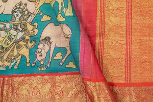 Blue And Red Handpainted Kalamkari Kanchipuram Silk Saree Krishna Leela Theme Pure Zari PV VSR KK 104 - Kalamkari Silk - Panjavarnam PV VSR KK 104