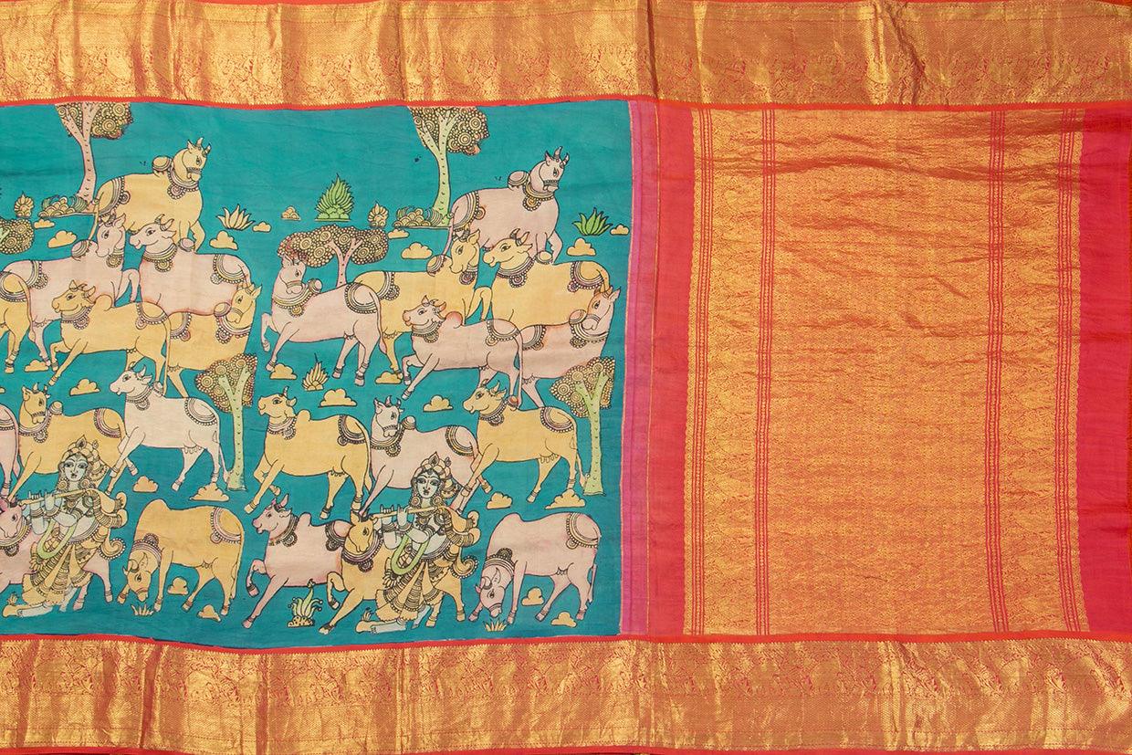 Blue And Red Handpainted Kalamkari Kanchipuram Silk Saree Krishna Leela Theme Pure Zari PV VSR KK 104 - Kalamkari Silk - Panjavarnam PV VSR KK 104