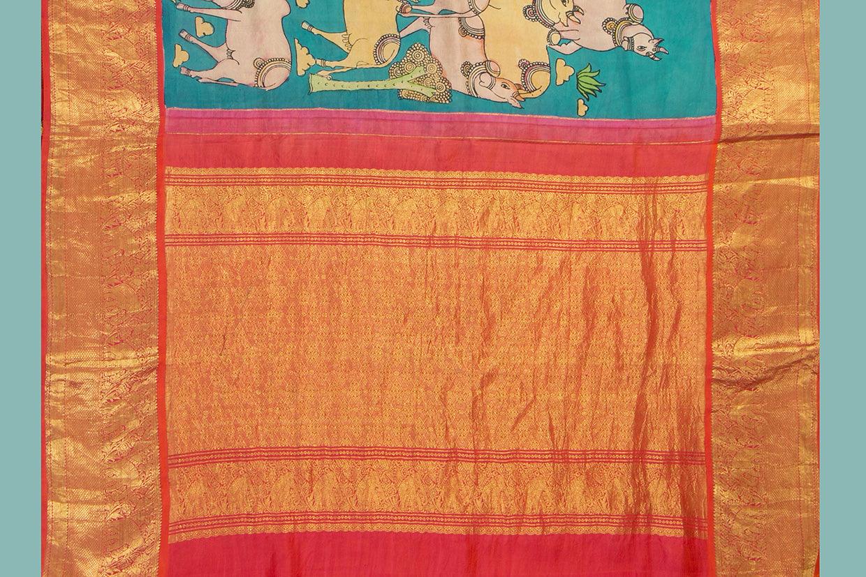 Blue And Red Handpainted Kalamkari Kanchipuram Silk Saree Krishna Leela Theme Pure Zari PV VSR KK 104 - Kalamkari Silk - Panjavarnam PV VSR KK 104