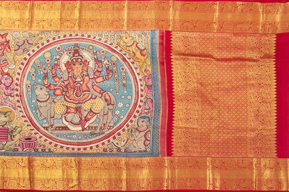 Blue And Red Handpainted Kalamkari Kanchipuram Silk Saree Musical Ganesha Theme Pure Zari PV SRK KK 104 - Kalamkari Silk - Panjavarnam