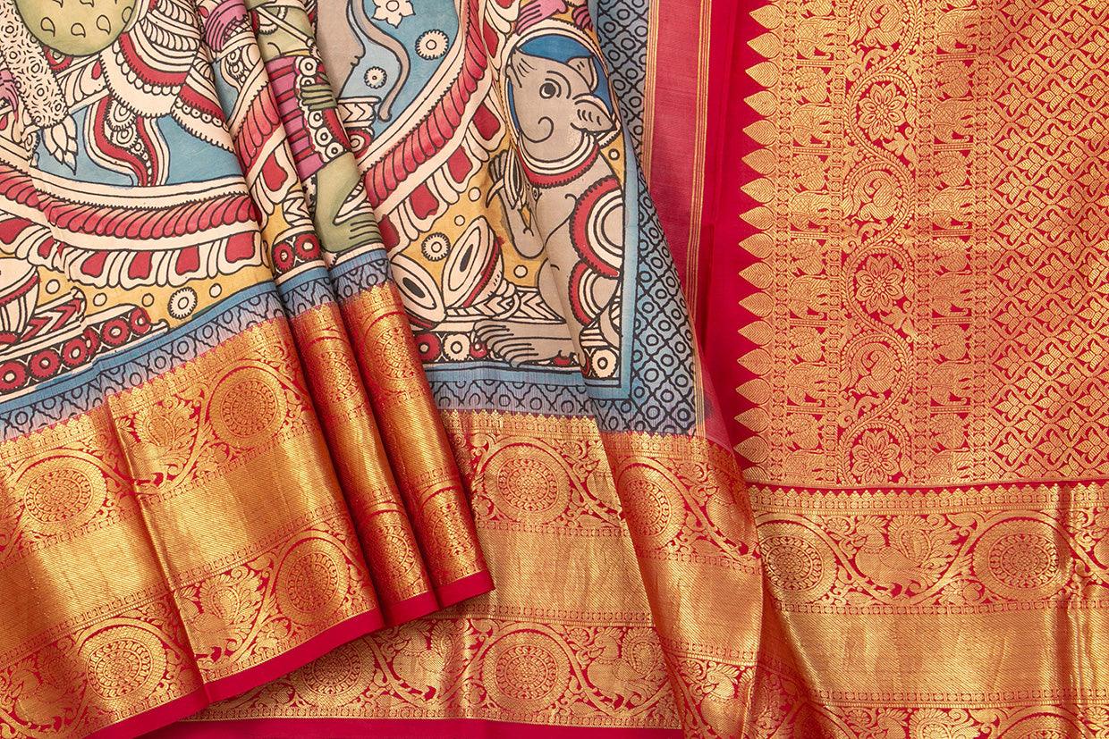 Blue And Red Handpainted Kalamkari Kanchipuram Silk Saree Musical Ganesha Theme Pure Zari PV SRK KK 104 - Kalamkari Silk - Panjavarnam PV SRK KK 104