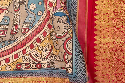 Blue And Red Handpainted Kalamkari Kanchipuram Silk Saree Musical Ganesha Theme Pure Zari PV SRK KK 104 - Kalamkari Silk - Panjavarnam PV SRK KK 104