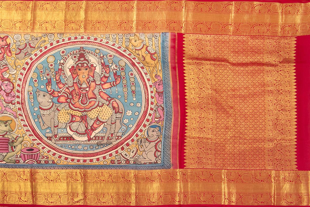 Blue And Red Handpainted Kalamkari Kanchipuram Silk Saree Musical Ganesha Theme Pure Zari PV SRK KK 104 - Kalamkari Silk - Panjavarnam PV SRK KK 104