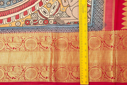 Blue And Red Handpainted Kalamkari Kanchipuram Silk Saree Musical Ganesha Theme Pure Zari PV SRK KK 104 - Kalamkari Silk - Panjavarnam PV SRK KK 104