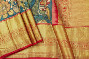 Blue And Red Handpainted Kalamkari Kanchipuram Silk Saree Pure Zari Morning Evening Border PKK 14 - Kalamkari Silk - Panjavarnam PKK 14