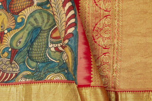 Blue And Red Handpainted Kalamkari Kanchipuram Silk Saree Pure Zari Morning Evening Border PKK 14 - Kalamkari Silk - Panjavarnam PKK 14