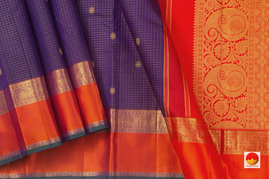 Blue And Red Kanchipuram Silk Saree Handwoven Pure Silk Pure Zari For Festive Wear PV GTA 85 - Silk Sari - Panjavarnam