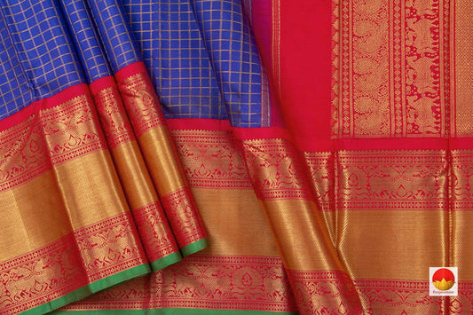 Blue And Red Zari Checks Kanchipuram Silk Saree Handwoven Pure Silk Pure Zari For Wedding Wear PV NYC 641 - Silk Sari - Panjavarnam