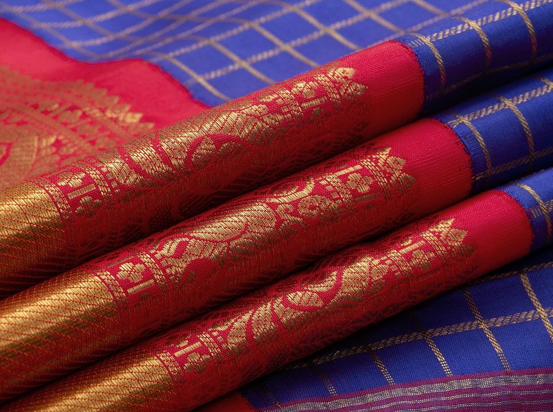 Blue And Red Zari Checks Kanchipuram Silk Saree Handwoven Pure Silk Pure Zari For Wedding Wear PV NYC 641 - Silk Sari - Panjavarnam