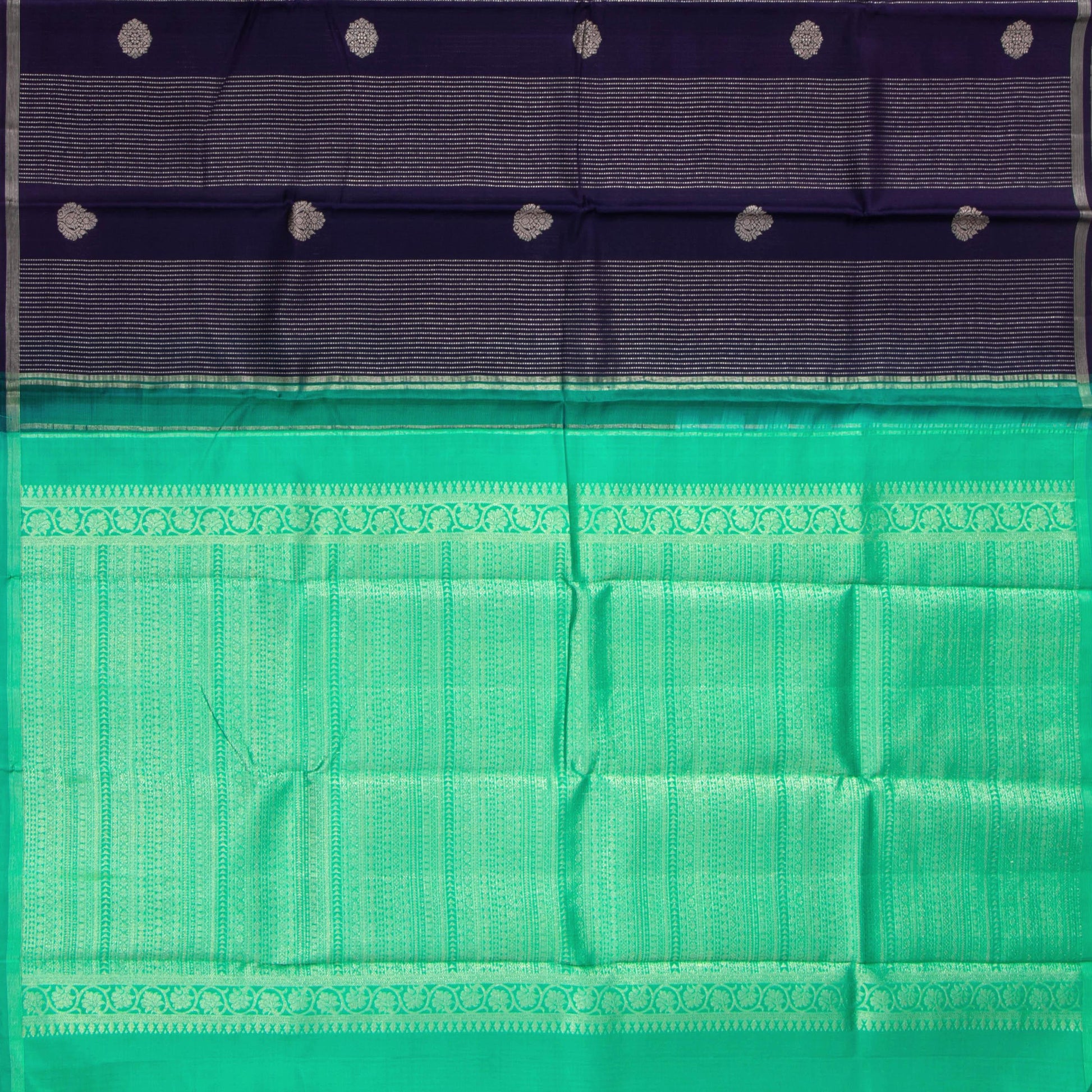 Blue And Sea Green Kanchipuram Silk Saree Borderless Handwoven Pure Silk For Festive Wear PV NYC 1198 - Silk Sari - Panjavarnam PV NYC 1198