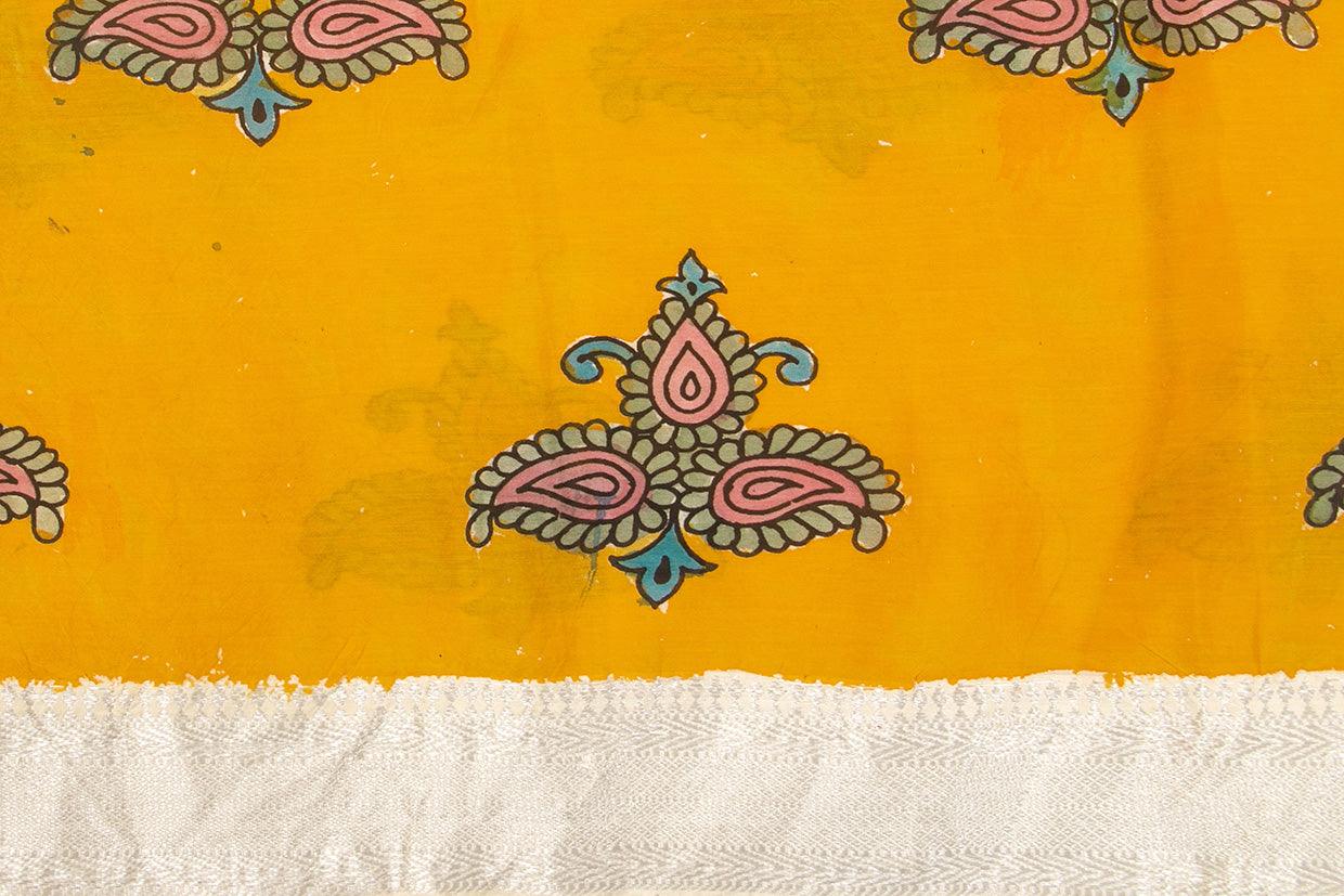 Blue And Yellow Floral Handpainted Kalamkari Mangalgiri Silk Saree Organic Dyes For Office Wear PKMS 68 - Kalamkari Silk - Panjavarnam