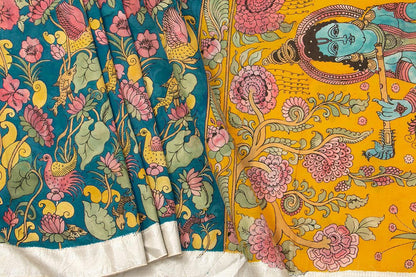 Blue And Yellow Floral Handpainted Kalamkari Mangalgiri Silk Saree Organic Dyes For Office Wear PKMS 68 - Kalamkari Silk - Panjavarnam PKMS 68