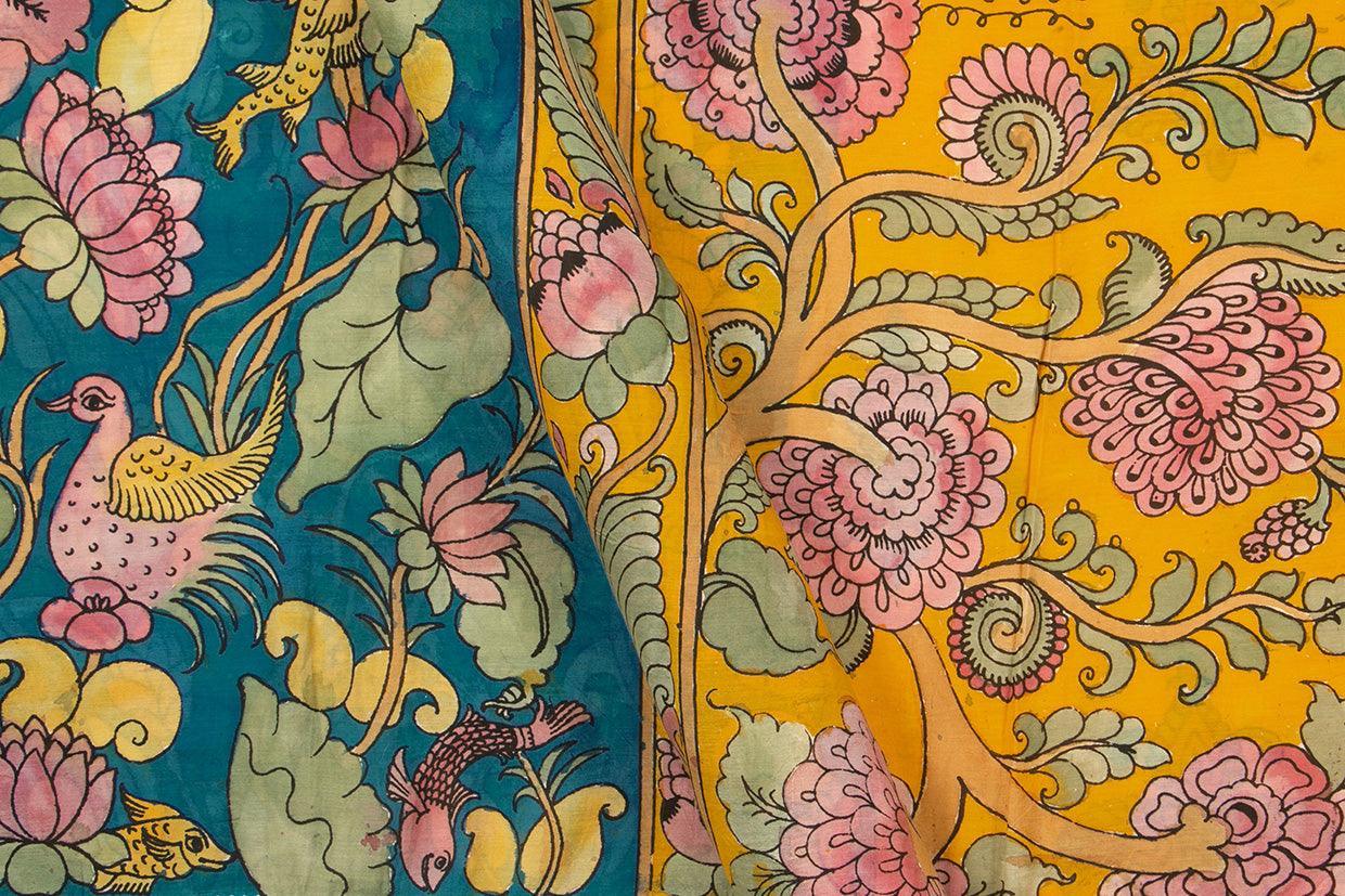 Blue And Yellow Floral Handpainted Kalamkari Mangalgiri Silk Saree Organic Dyes For Office Wear PKMS 68 - Kalamkari Silk - Panjavarnam PKMS 68