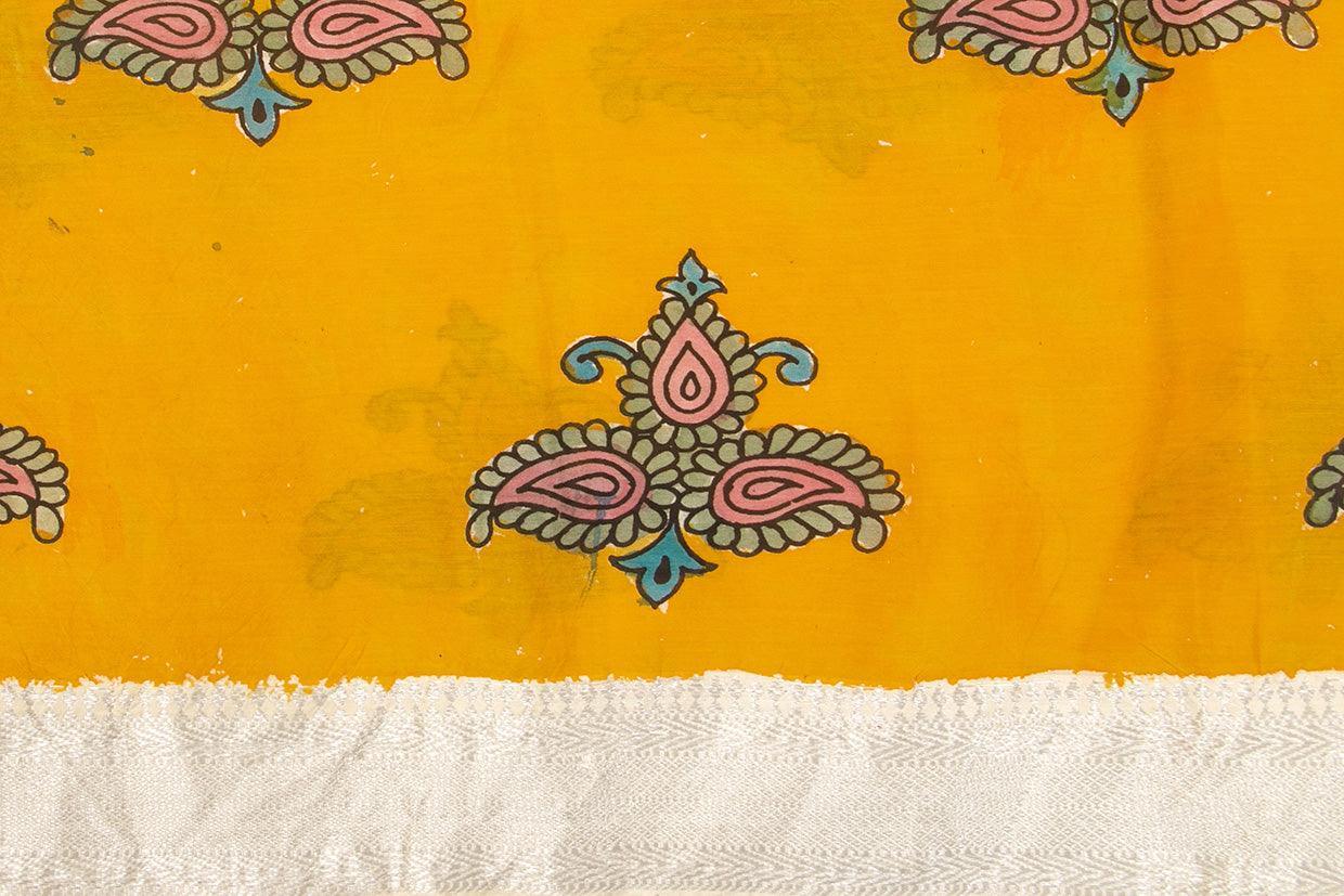 Blue And Yellow Floral Handpainted Kalamkari Mangalgiri Silk Saree Organic Dyes For Office Wear PKMS 68 - Kalamkari Silk - Panjavarnam PKMS 68