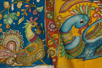 Blue And Yellow Handpainted Kalamkari Floral Pattern Mangalgiri Silk Saree Organic Dyes For Office Wear PKMS 64 - Kalamkari Silk - Panjavarnam