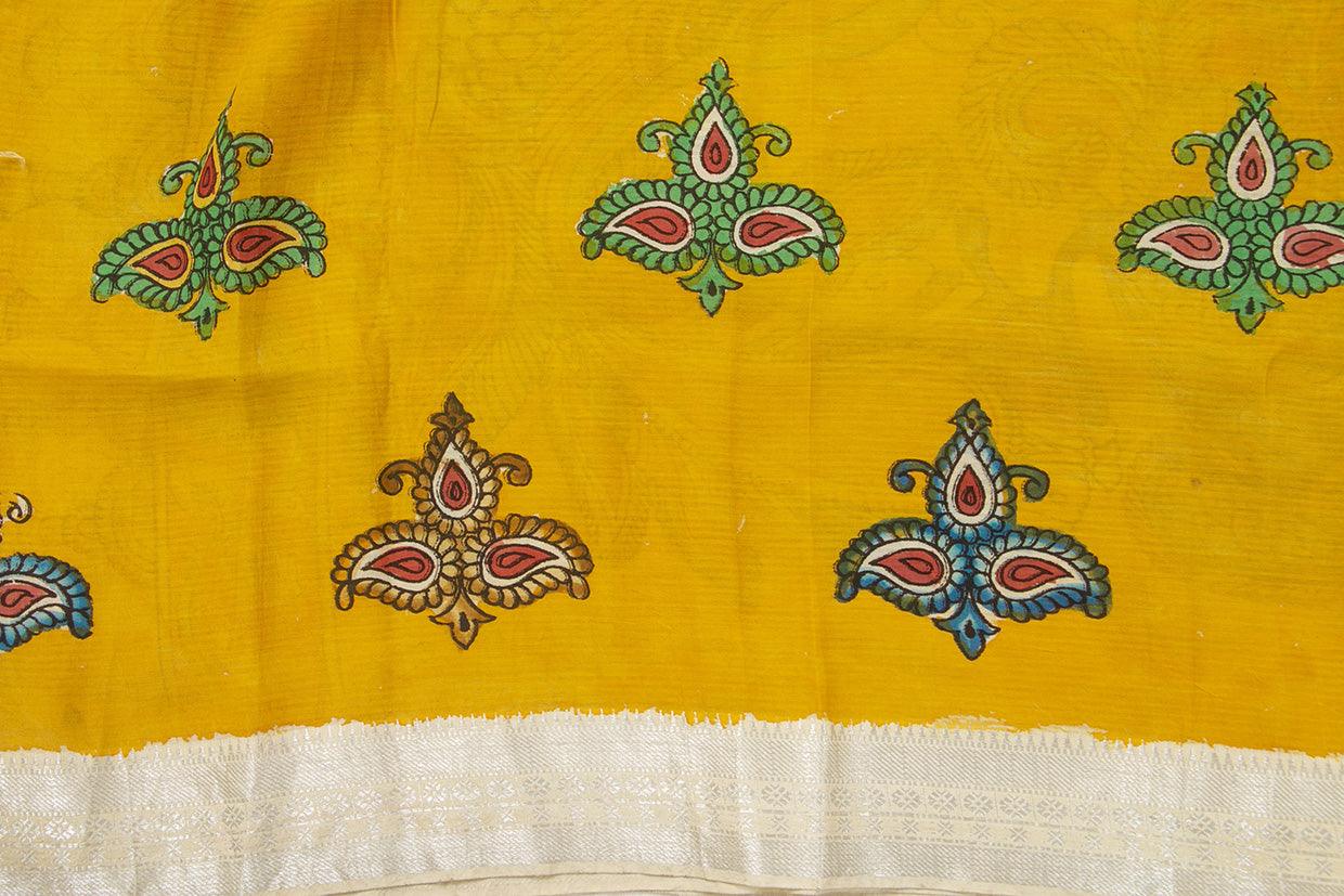 Blue And Yellow Handpainted Kalamkari Floral Pattern Mangalgiri Silk Saree Organic Dyes For Office Wear PKMS 64 - Kalamkari Silk - Panjavarnam
