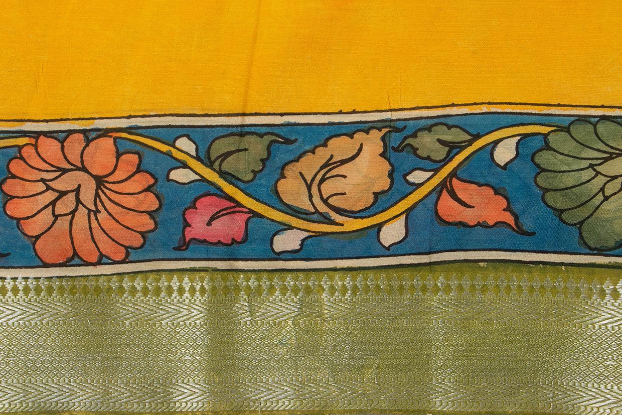 Blue And Yellow Handpainted Kalamkari Floral Pattern With Silver Zari Mangalgiri Silk Saree Organic Dyes For Office Wear PKMS 59 - Kalamkari Silk - Panjavarnam