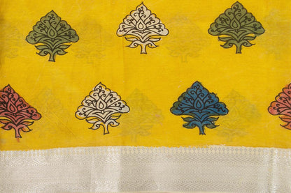 Blue And Yellow Handpainted Kalamkari Floral Print Mangalgiri Silk Saree Silver Zari Organic Dyes For Office Wear PKMS 60 - Kalamkari Silk - Panjavarnam