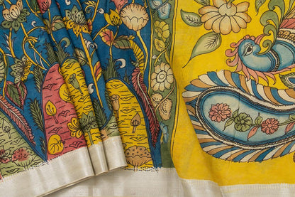 Blue And Yellow Handpainted Kalamkari Floral Print Mangalgiri Silk Saree Silver Zari Organic Dyes For Office Wear PKMS 60 - Kalamkari Silk - Panjavarnam PKMS 60