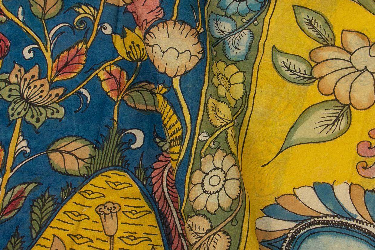 Blue And Yellow Handpainted Kalamkari Floral Print Mangalgiri Silk Saree Silver Zari Organic Dyes For Office Wear PKMS 60 - Kalamkari Silk - Panjavarnam PKMS 60