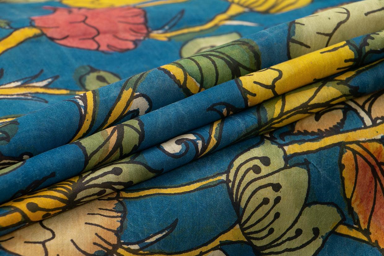 Blue And Yellow Handpainted Kalamkari Floral Print Mangalgiri Silk Saree Silver Zari Organic Dyes For Office Wear PKMS 60 - Kalamkari Silk - Panjavarnam PKMS 60