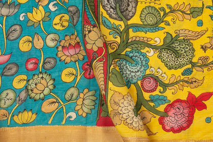 Blue And Yellow Handpainted Kalamkari Mangalgiri Silk Saree Organic Dyes For Office Wear PKMS 55 - Kalamkari Silk - Panjavarnam