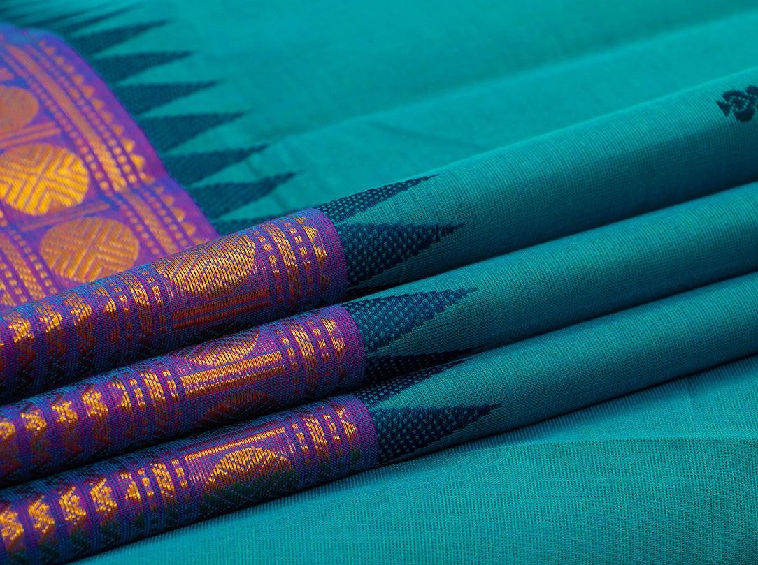 Blue Chettinad Cotton Saree With Zari Border For Casual Wear PV CC 151 - Cotton Saree - Panjavarnam
