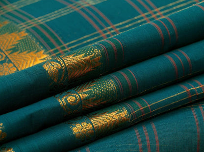 Blue Green Chettinad Cotton Saree With Zari Butta For Casual Wear PV SK CC 108 - Cotton Saree - Panjavarnam