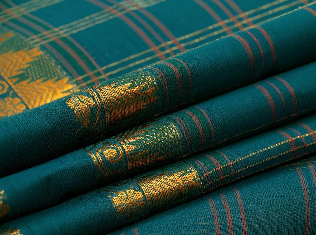 Blue Green Chettinad Cotton Saree With Zari Butta For Casual Wear PV SK CC 108 - Cotton Saree - Panjavarnam PV SK CC 108