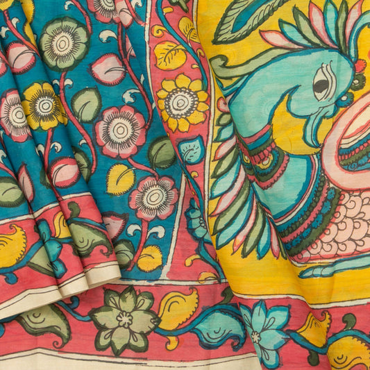 Blue Kalamkari Bangalore Silk Saree With Zari Border Handpainted Organic Dyes For Office Wear PKBS 569 - Kalamkari Silk - Panjavarnam PKBS 569